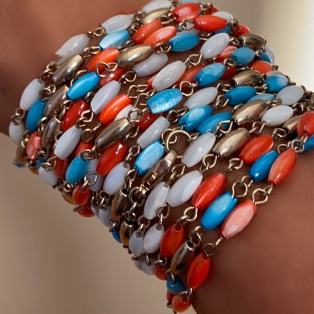 3 white / red / turquoise beaded 48” necklaces